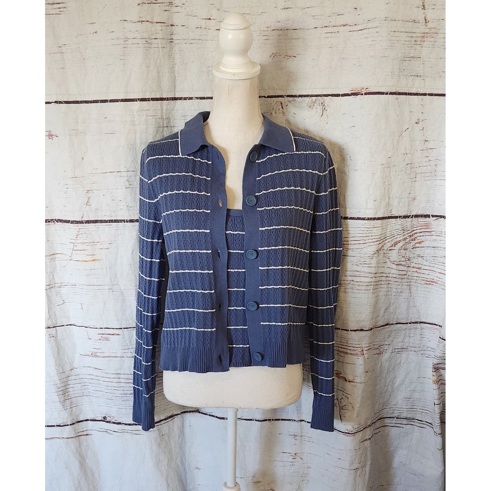 Marine Layer Blue and White Striped Knit Cardigan with Tank - Picture 2 of 10